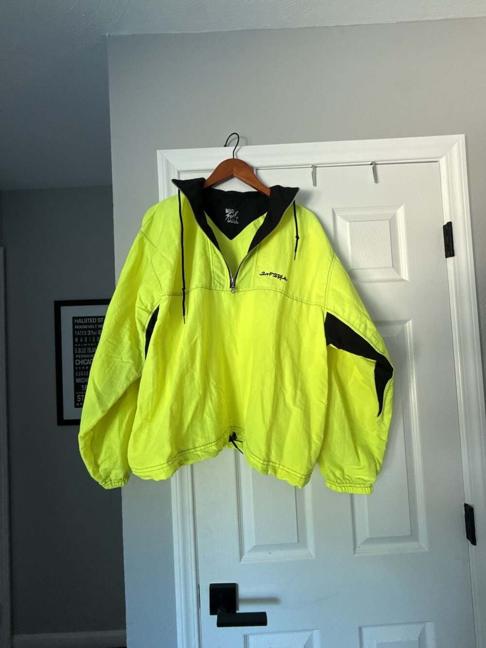 Vintage 90s Surf Style Neon Yellow and Black Nylon Anorak Windbreaker